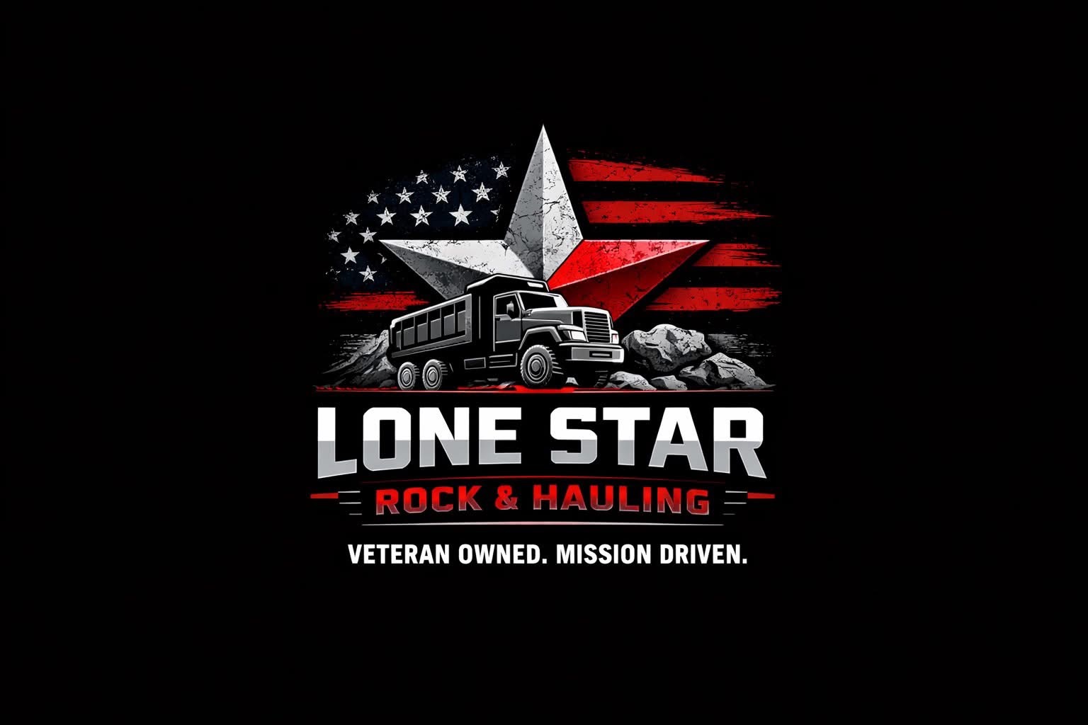 Lone Star Rock and Hauling logo with a dump truck, rocks, a Texas star, and an American flag